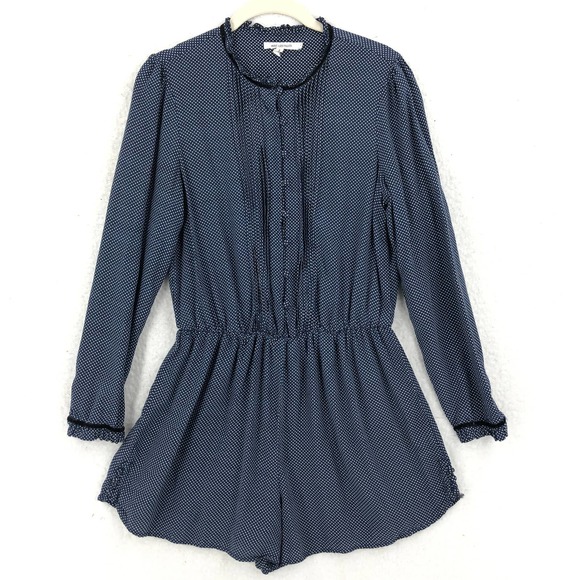 Avec Les Filles Pants - Avec Les Filles Womens Romper S Blue Polka Dot 3" Shorts Long Sleeve Ruffle Trim